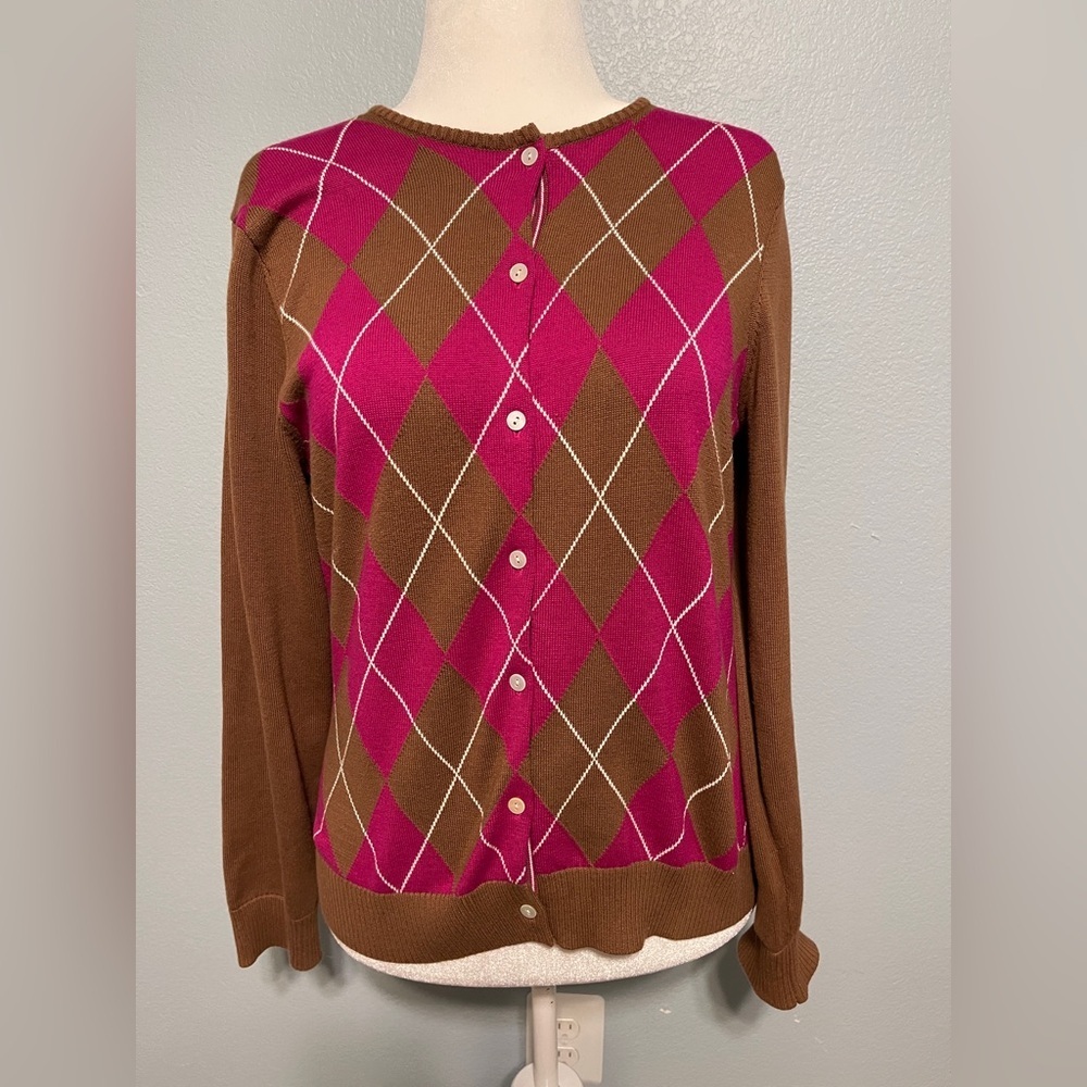 Lands’ End Argyle Cardigan Sweater Brown & Pink Preppy Grandpacore Office Medium - Picture 2 of 7